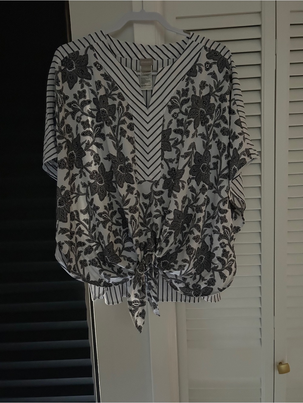 Chicos Women's Black & White Floral and stripe Tie-Front Top